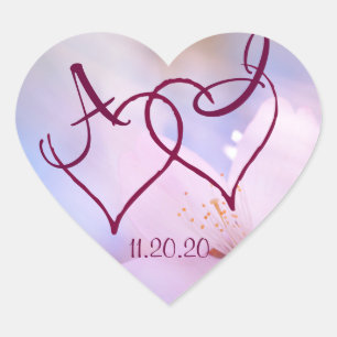 Pink cherry blossom and two hearts customisable heart sticker