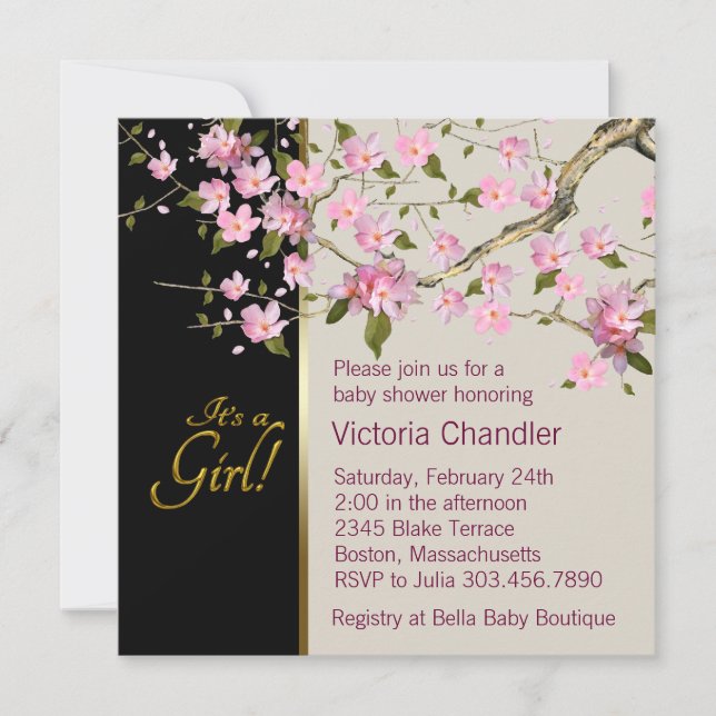 Pink Cherry Blossom Baby Shower Invitations (Front)