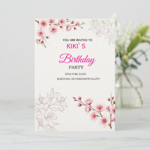 Pink Cherry Blossom Birthday Invitation   Watercol