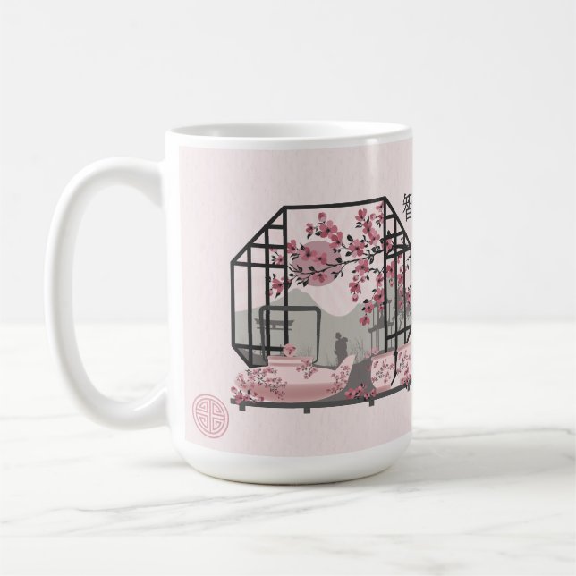 Pink cherry blossom bonsai Asian graphic design Coffee Mug (Left)