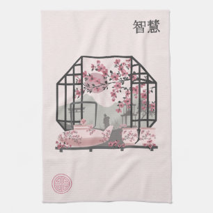 Pink cherry blossom bonsai Asian graphic design Tea Towel