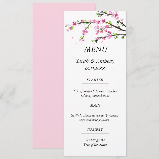Pink Cherry Blossom Botanical Floral Wedding Food  Menu (Front/Back)