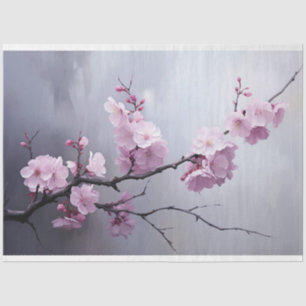 Pink Cherry Blossom Branch Misty Silver Sky Tissue Paper