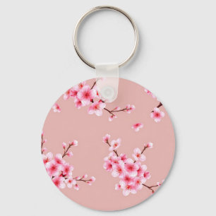 Pink Cherry Blossom Branches Pattern Key Ring