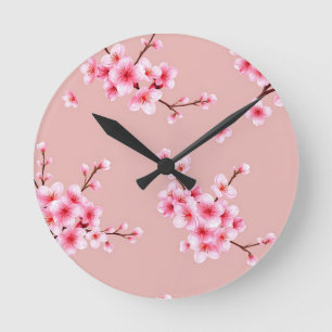 Pink Cherry Blossom Branches Pattern Round Clock