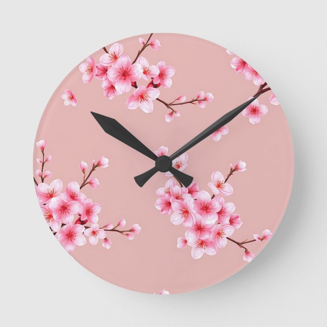 Pink Cherry Blossom Branches Pattern Round Clock (Front)