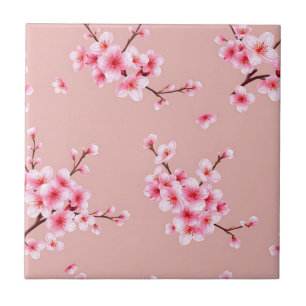 Pink Cherry Blossom Branches Pattern Tile