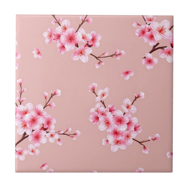 Pink Cherry Blossom Branches Pattern Tile (Front)