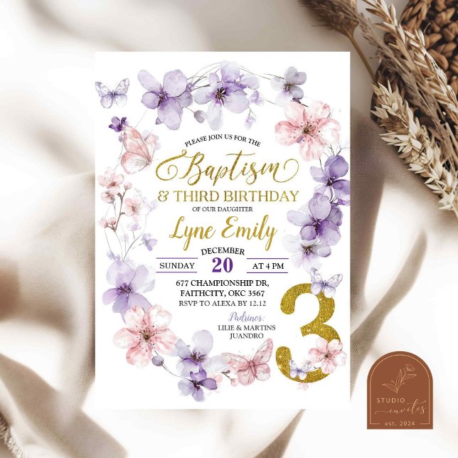 Pink Cherry Blossom Butterfly Baptism 3rd Birthday Invitation (Creator Uploaded)