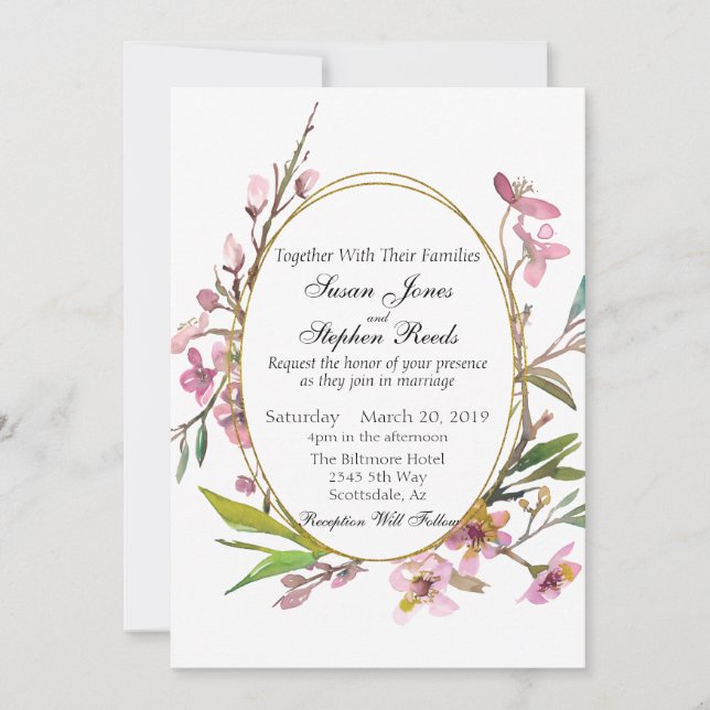 Pink Cherry Blossom Chic Gold Frame Wedding Invitation (Front)