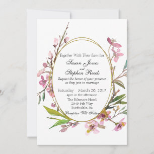 Pink Cherry Blossom Chic Gold Frame Wedding Invitation