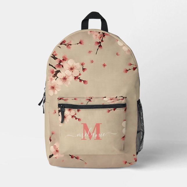 Pink Cherry Blossom Custom Monogram Name Printed Backpack (Front)