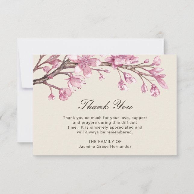 Pink Cherry Blossom Elegant Funeral Sympathy Thank You Card (Front)