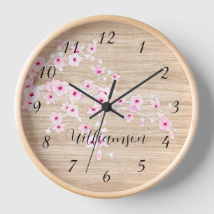 Pink Cherry Blossom Faux Wood Monogram Clock