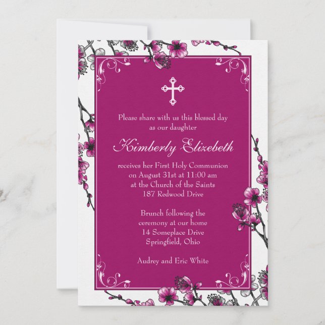 Pink Cherry Blossom First Communion Invitation (Front)