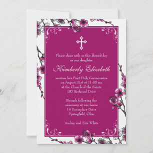 Pink Cherry Blossom First Communion Invitation