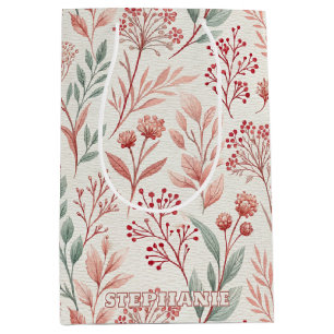 Pink Cherry Blossom, Floral and Leaves Pattern Medium Gift Bag