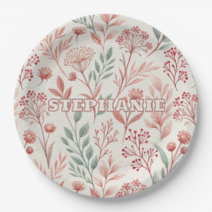 Pink Cherry Blossom, Floral and Leaves Pattern Paper Plate