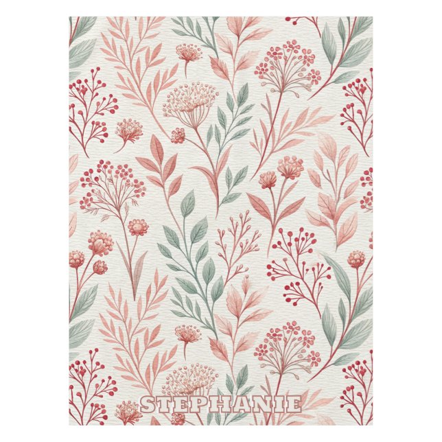 Pink Cherry Blossom, Floral and Leaves Pattern Tablecloth (Front)