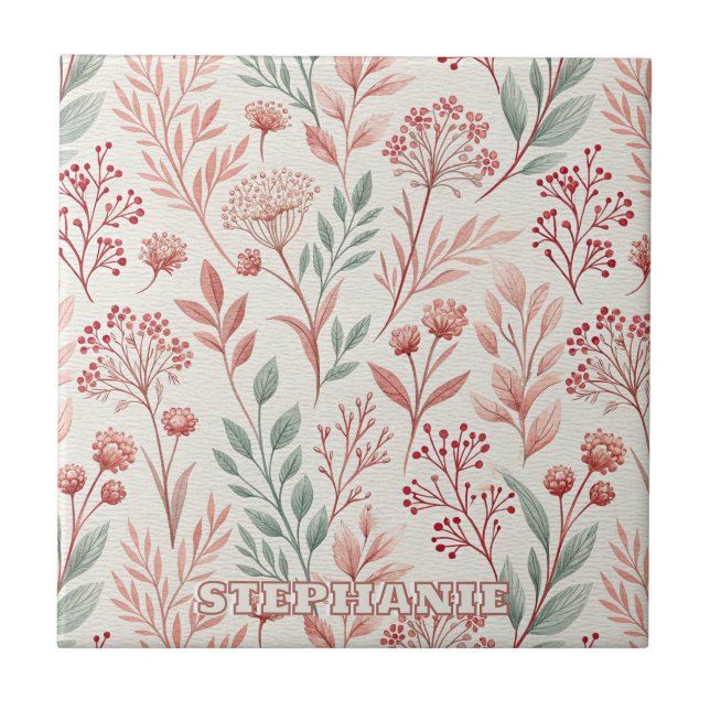 Pink Cherry Blossom, Floral and Leaves Pattern Tile (Front)