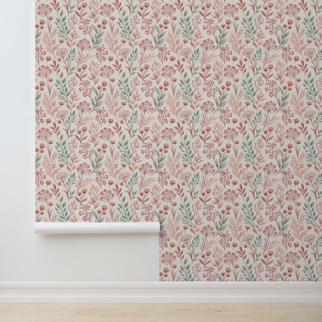 Pink Cherry Blossom, Floral and Leaves Pattern Wallpaper (Application)