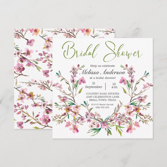 Pink Cherry Blossom Floral Bridal Shower Invitation (Front/Back)