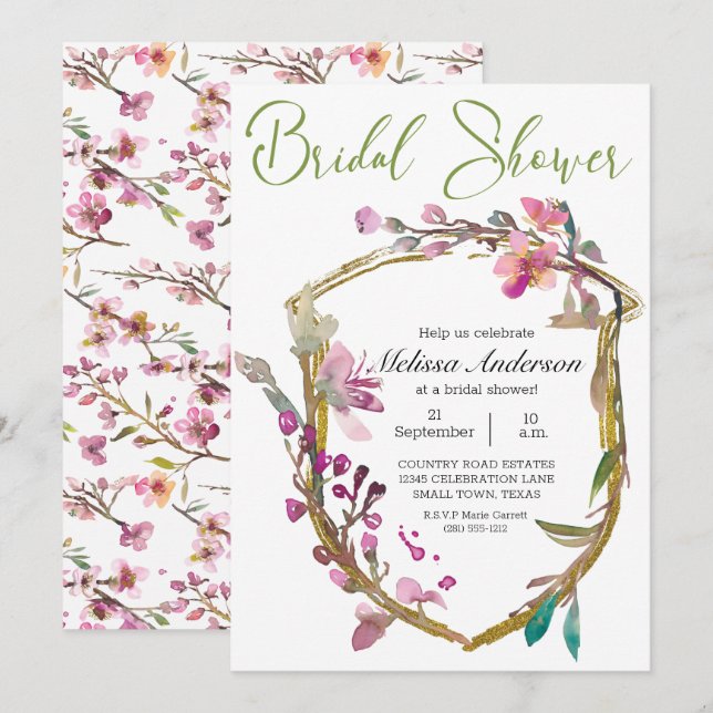 Pink Cherry Blossom Floral Bridal Shower Invitation (Front/Back)