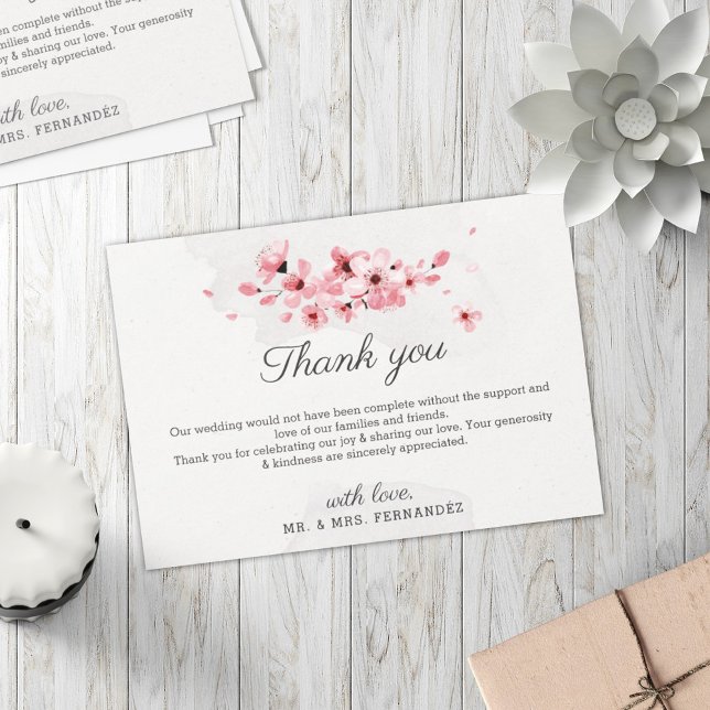 Pink cherry blossom floral elegant chic wedding thank you card (Creator Uploaded)