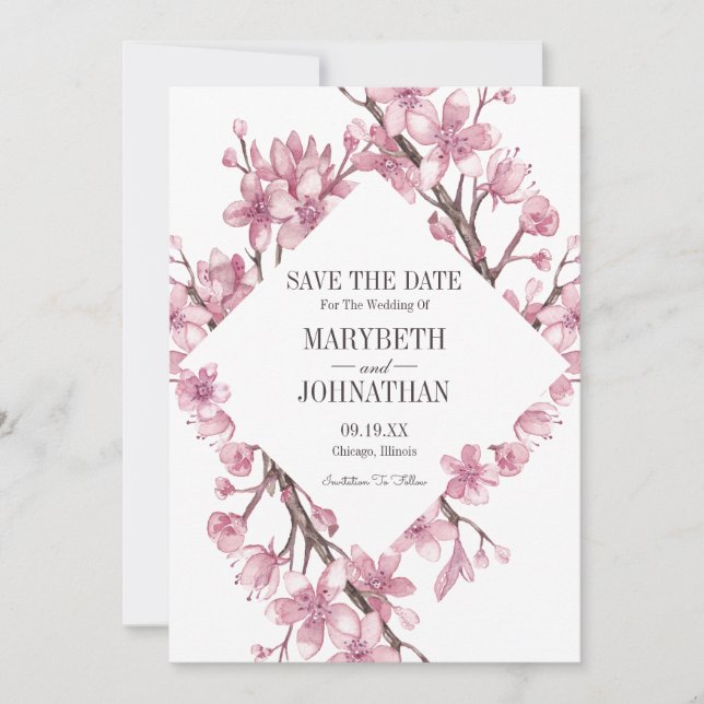 Pink Cherry Blossom Floral Frame Save The Date (Front)