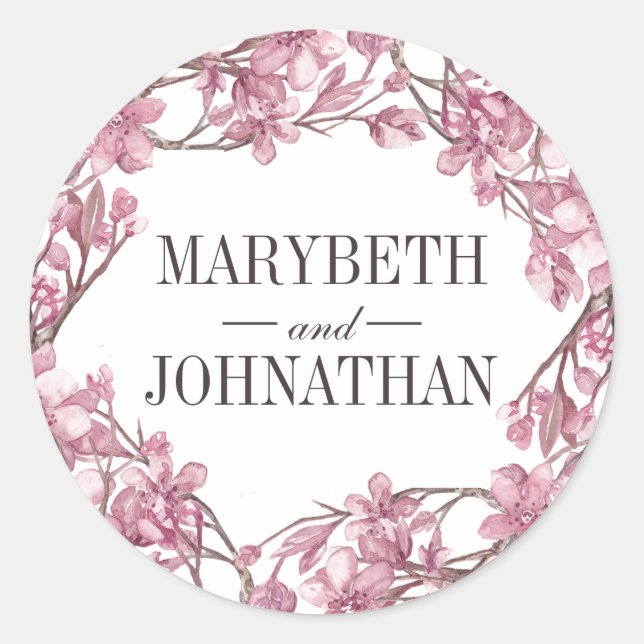 Pink Cherry Blossom Floral Frame Wedding Favour Classic Round Sticker (Front)