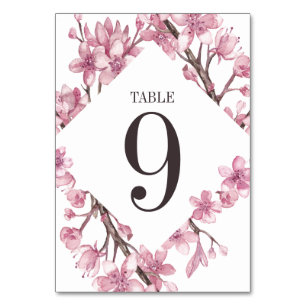 Pink Cherry Blossom Floral Frame Wedding Table Number