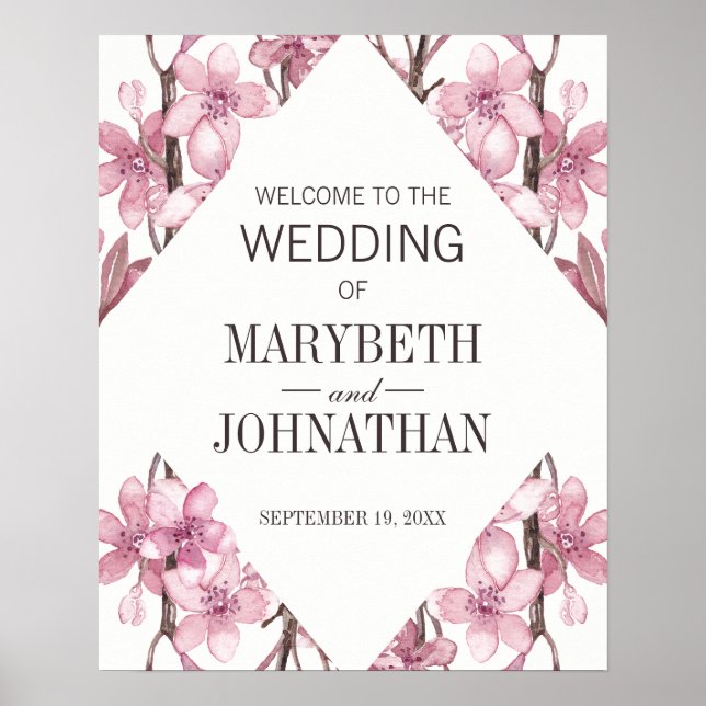 Pink Cherry Blossom Floral Frame Wedding Welcome Poster (Front)