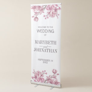 Pink Cherry Blossom Floral Frame Wedding Welcome Retractable Banner