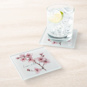 Pink Cherry Blossom Floral Glass Coaster