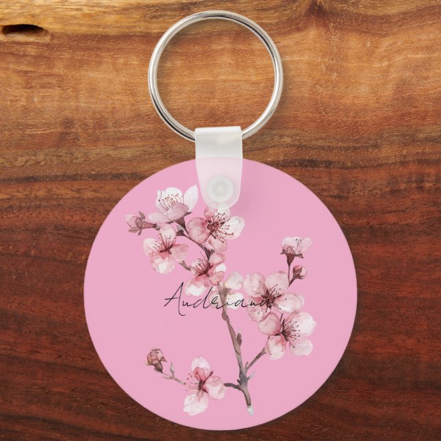 Pink Cherry Blossom Floral  Key Ring (Front)