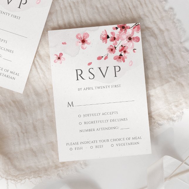 Pink Cherry Blossom Floral Meal Options Wedding RSVP Card (Creator Uploaded)