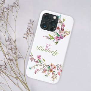 Pink Cherry Blossom Floral Monogram Name iPhone 13 Pro Case