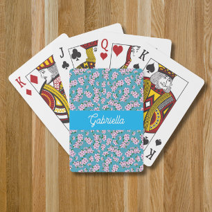Pink cherry blossom Floral Pattern Name Playing Cards