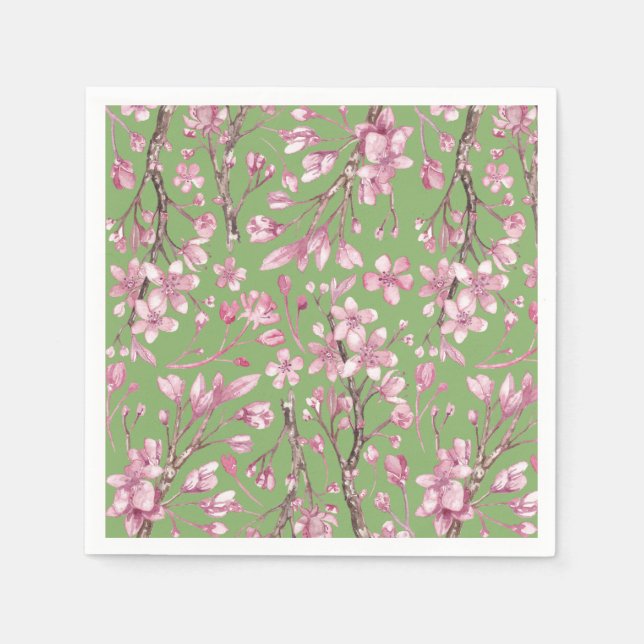 Pink Cherry Blossom Floral Print Paper Napkin (Front)