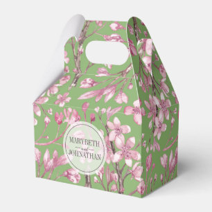 Pink Cherry Blossom Floral Printed Green Favour Bo Box