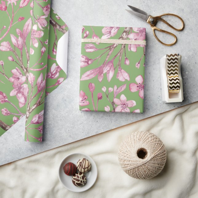 Pink Cherry Blossom Floral Printed Green Wrapping Paper (Crafts)