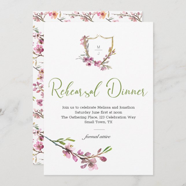 Pink Cherry Blossom Floral Rehearsal Dinner (Front/Back)