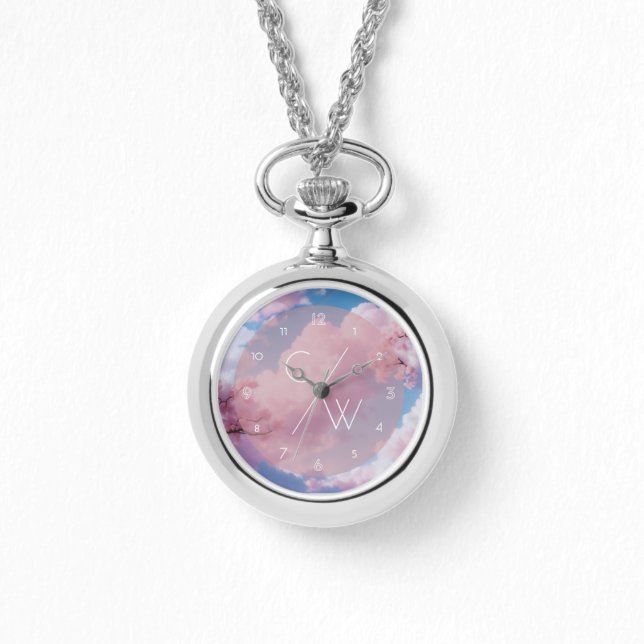 Pink Cherry Blossom Floral Sakura Custom Initials Watch (Front)