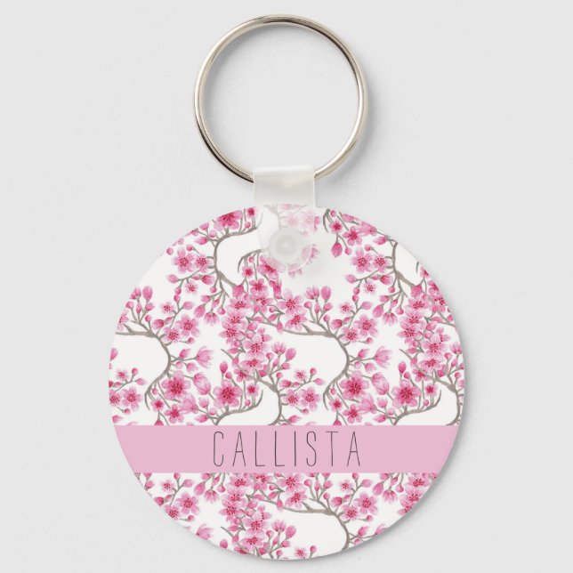 Pink Cherry Blossom Floral Watercolor Monogram Key Ring (Front)