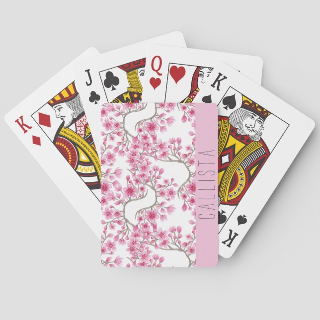 Pink Cherry Blossom Floral Watercolor Monogram Playing Cards (Back)