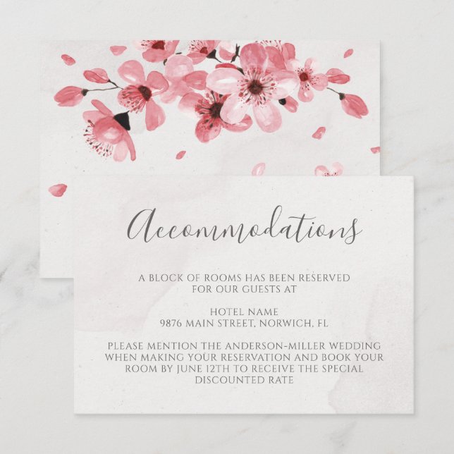 Pink Cherry Blossom Floral Wedding Accommodations Enclosure Card (Front/Back)