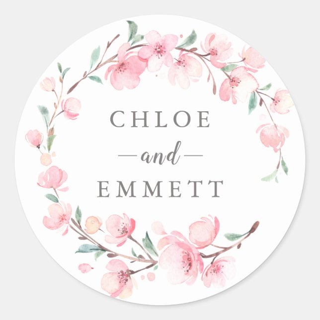 Pink Cherry Blossom Floral Wedding Favour Classic Round Sticker (Front)