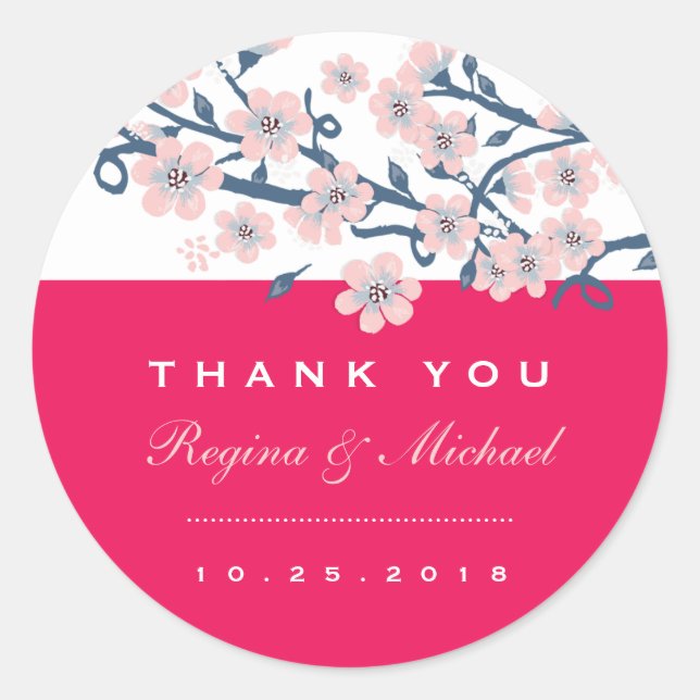 Pink Cherry Blossom Floral Wedding Favour Sticker (Front)