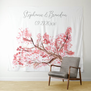 Pink Cherry Blossom Floral Wedding Photo Booth Tapestry
