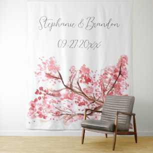 Pink Cherry Blossom Floral Wedding Photo Booth Tapestry